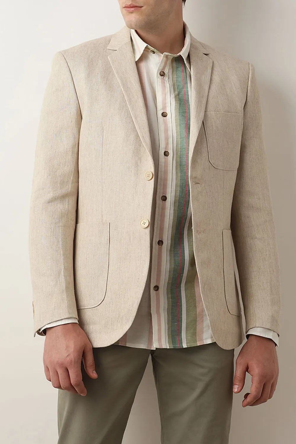 Beige Striped Linen Full Sleeves Shirt