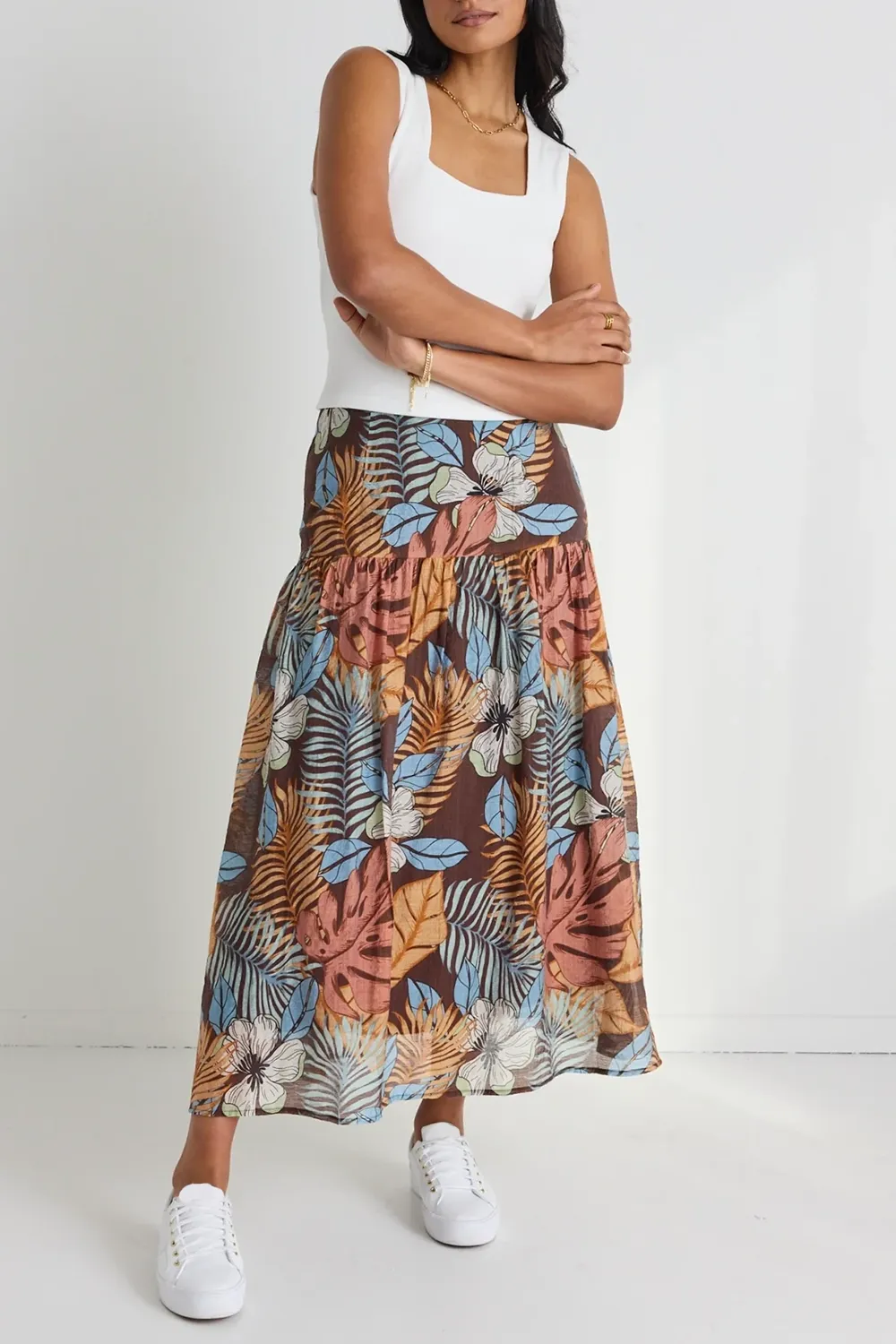 Sway Tropical Chocolate Print Flat Basque Midi Skirt