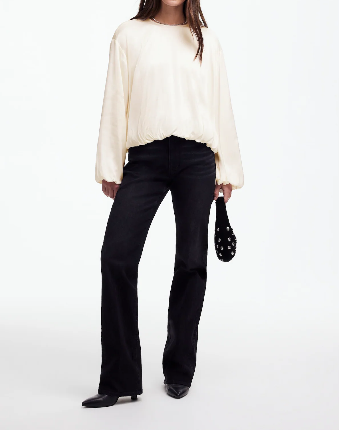 Long-Sleeve Bubble-Hem Top in Satin