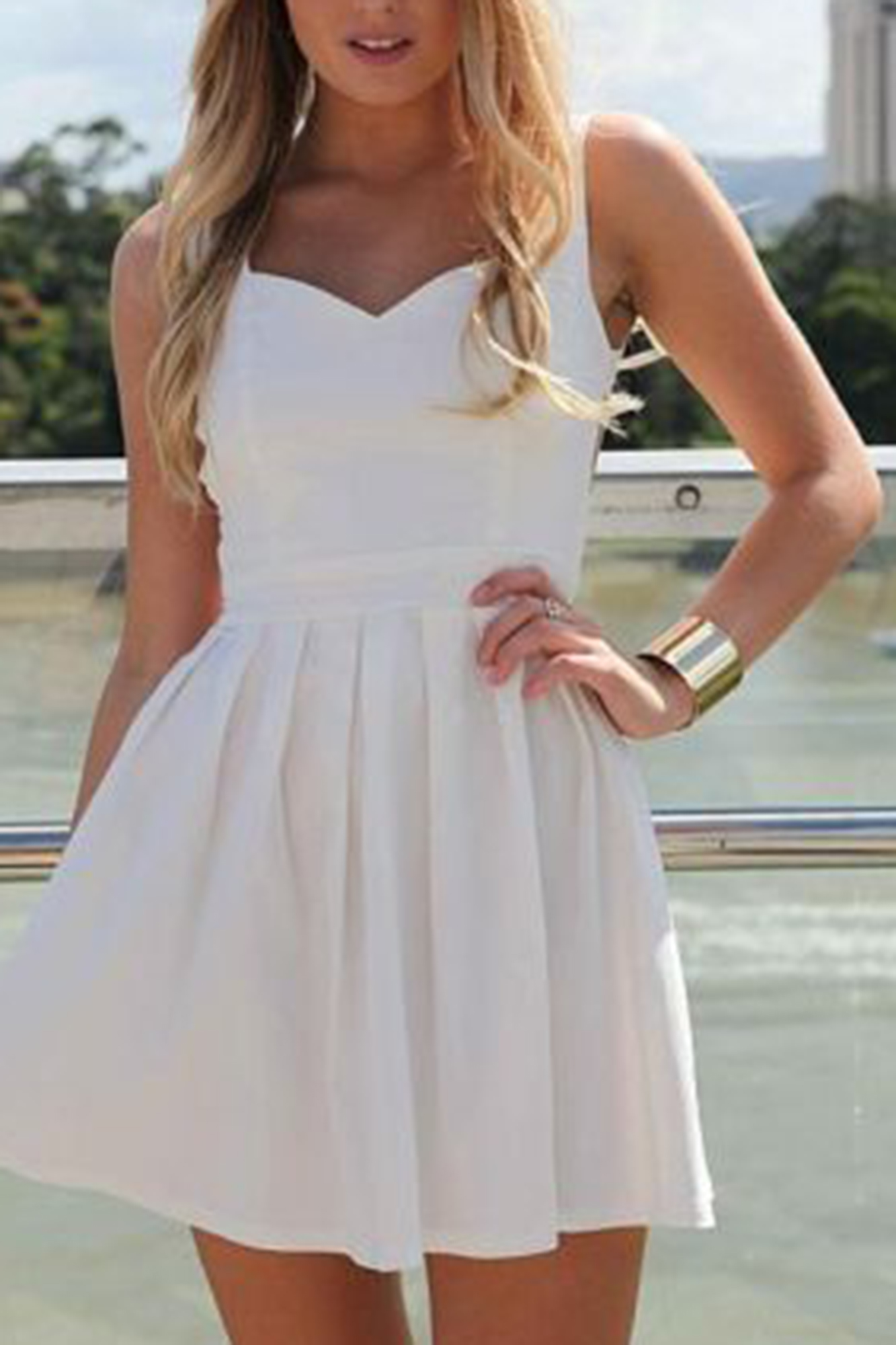 White Heart Cutout Dress with Fitted Bodice & Pleated Skirt