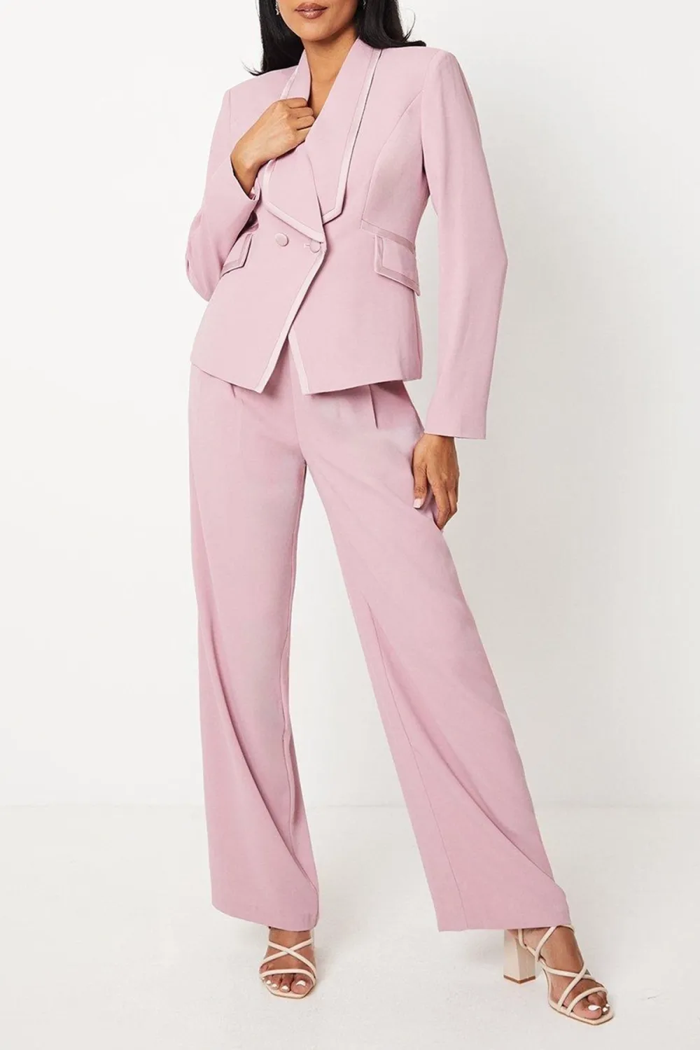 Satin Trim Cropped Double Breasted Blazer