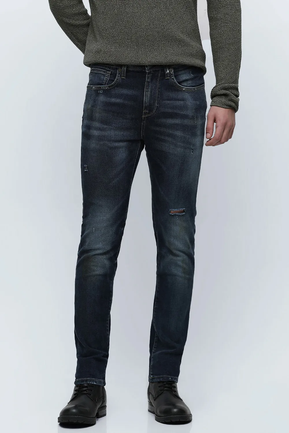 Blue Mid Rise Distressed Slim Fit Jeans