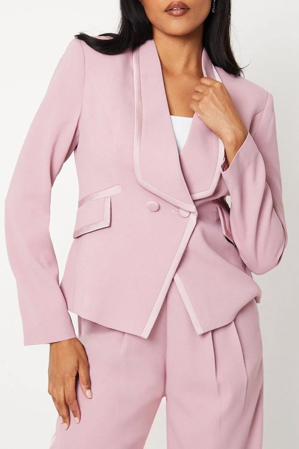 Satin Trim Cropped Double Breasted Blazer