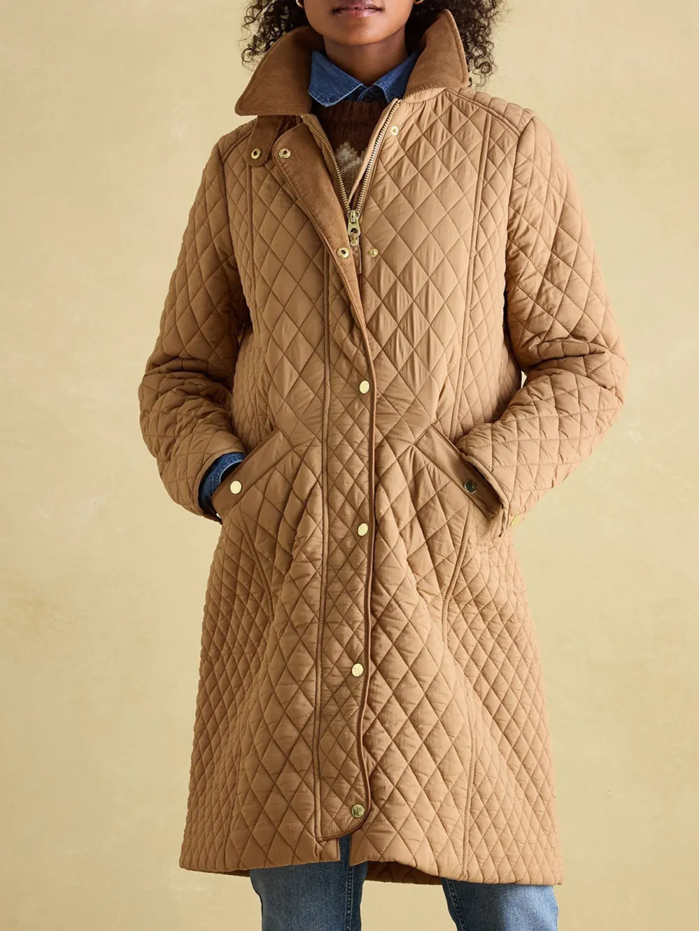 Rosewell Tan Brown Showerproof Longline Diamond Quilted Coat