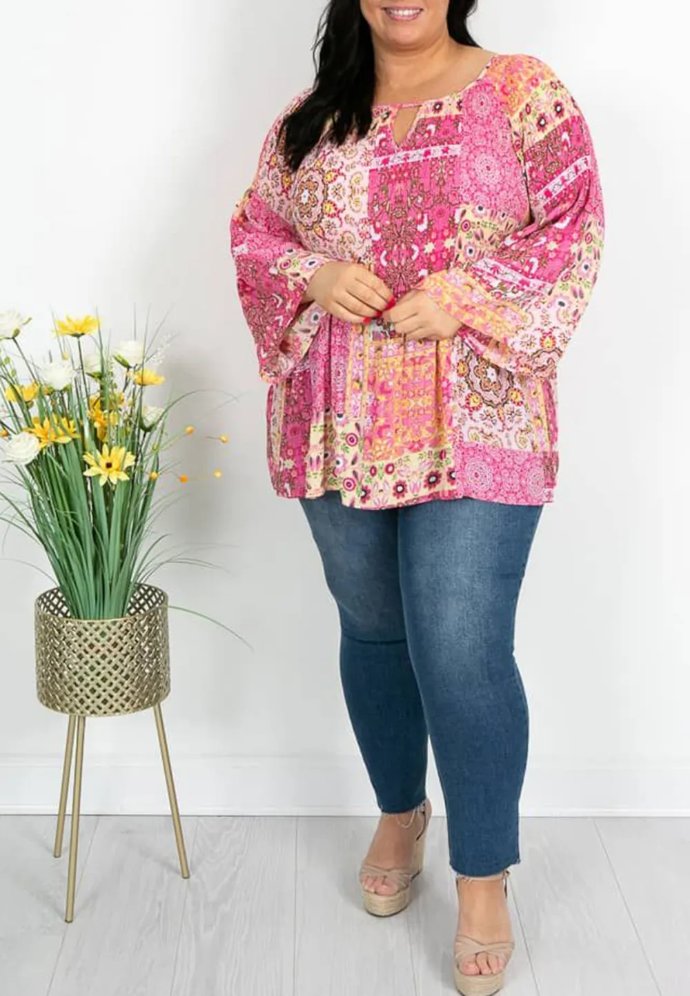 Pink and Yellow Paisley Pleat Top