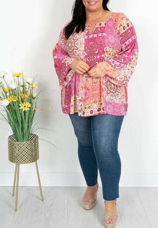 Pink and Yellow Paisley Pleat Top