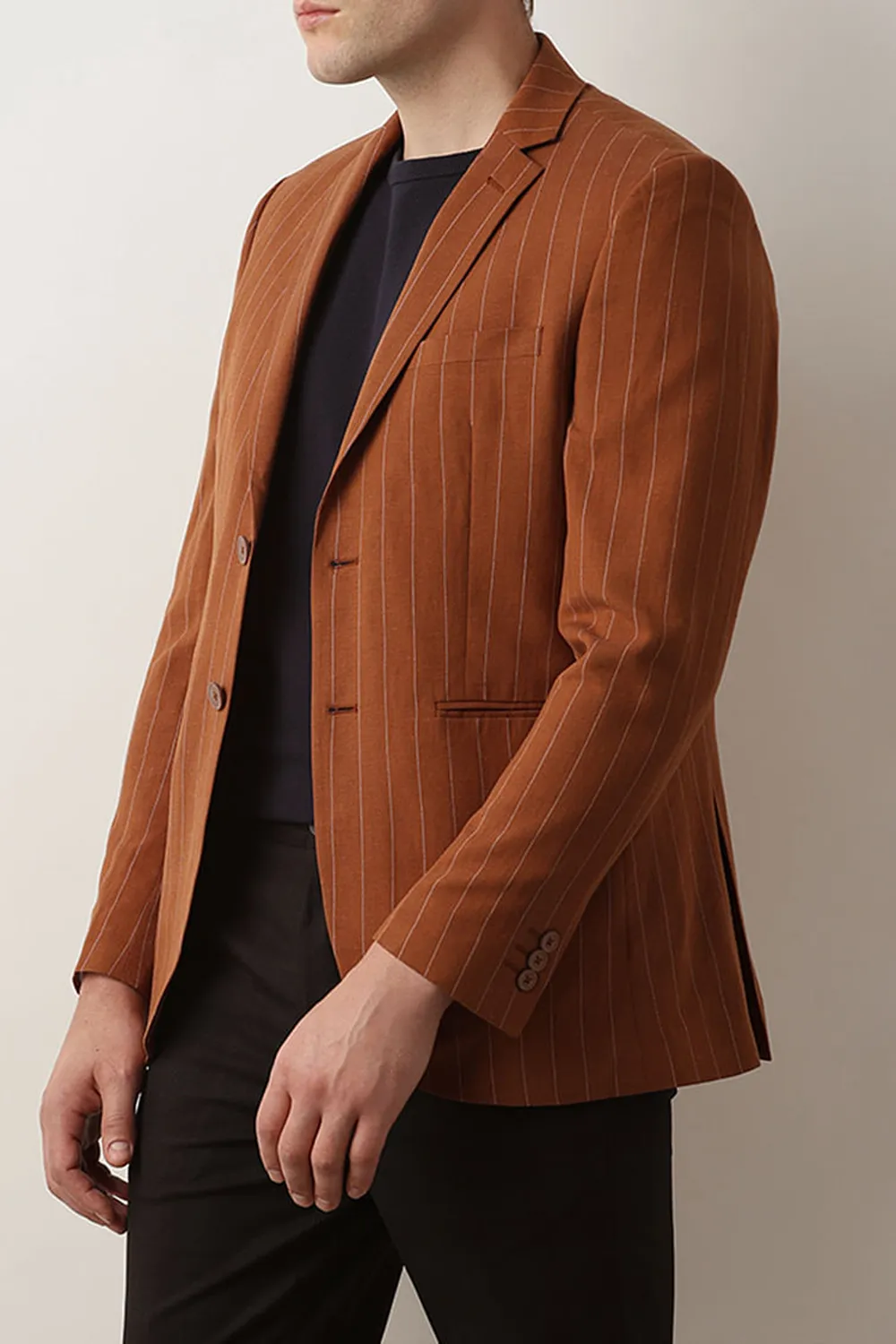 Brown Striped Casual Blazer