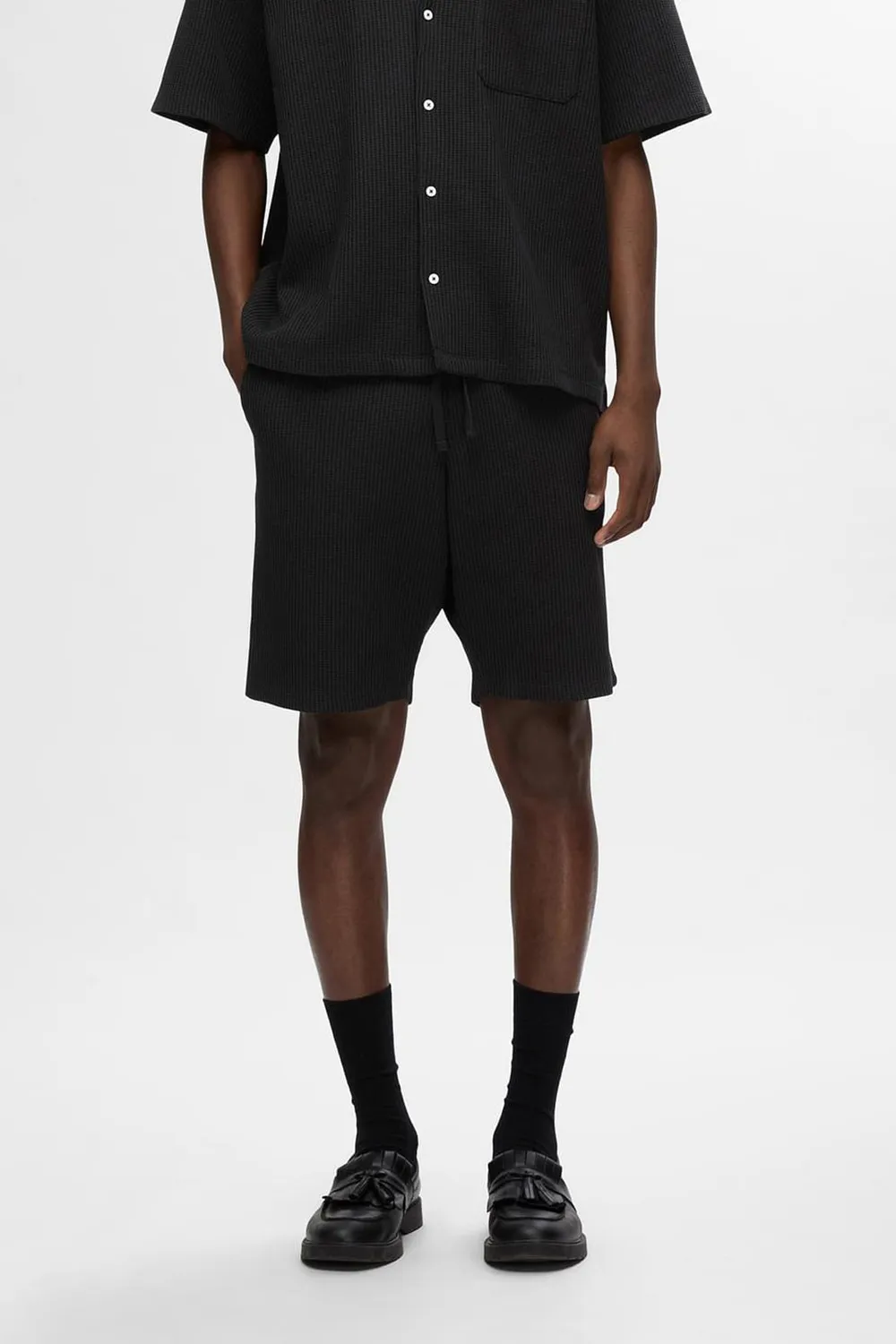 Black Waffle Textured Co-ord Set Shorts