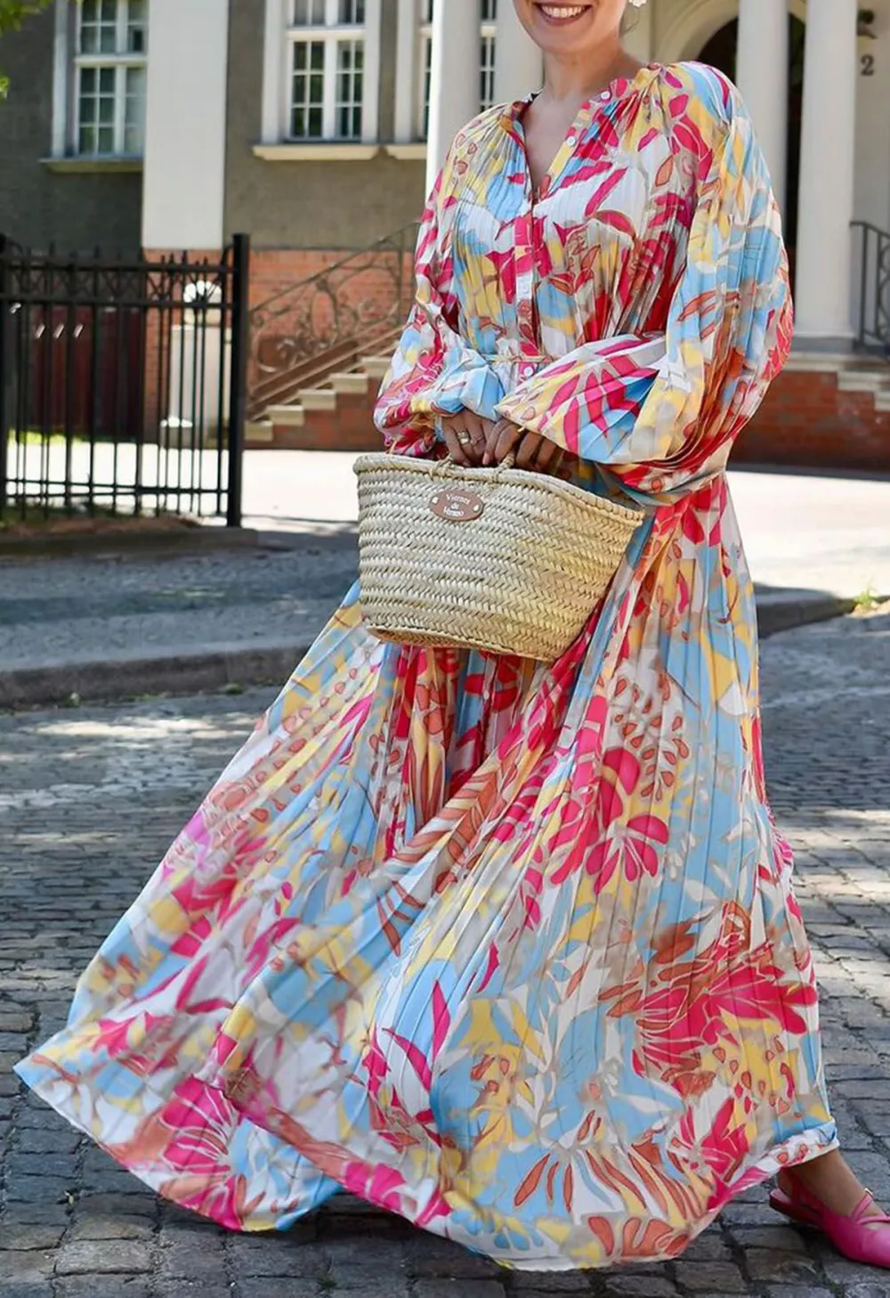 CORAL TROPICAL PRINTED FULL PLEATS BUTTON DOWN ASYMMETRIC MAXI DRESS