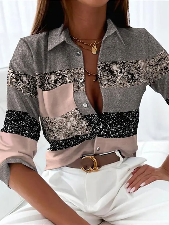 Women's Shirt Blouse Black Gray Color Block Button Print Long Sleeve Casual Basic Shirt Collar Regular Fit Spring Fall