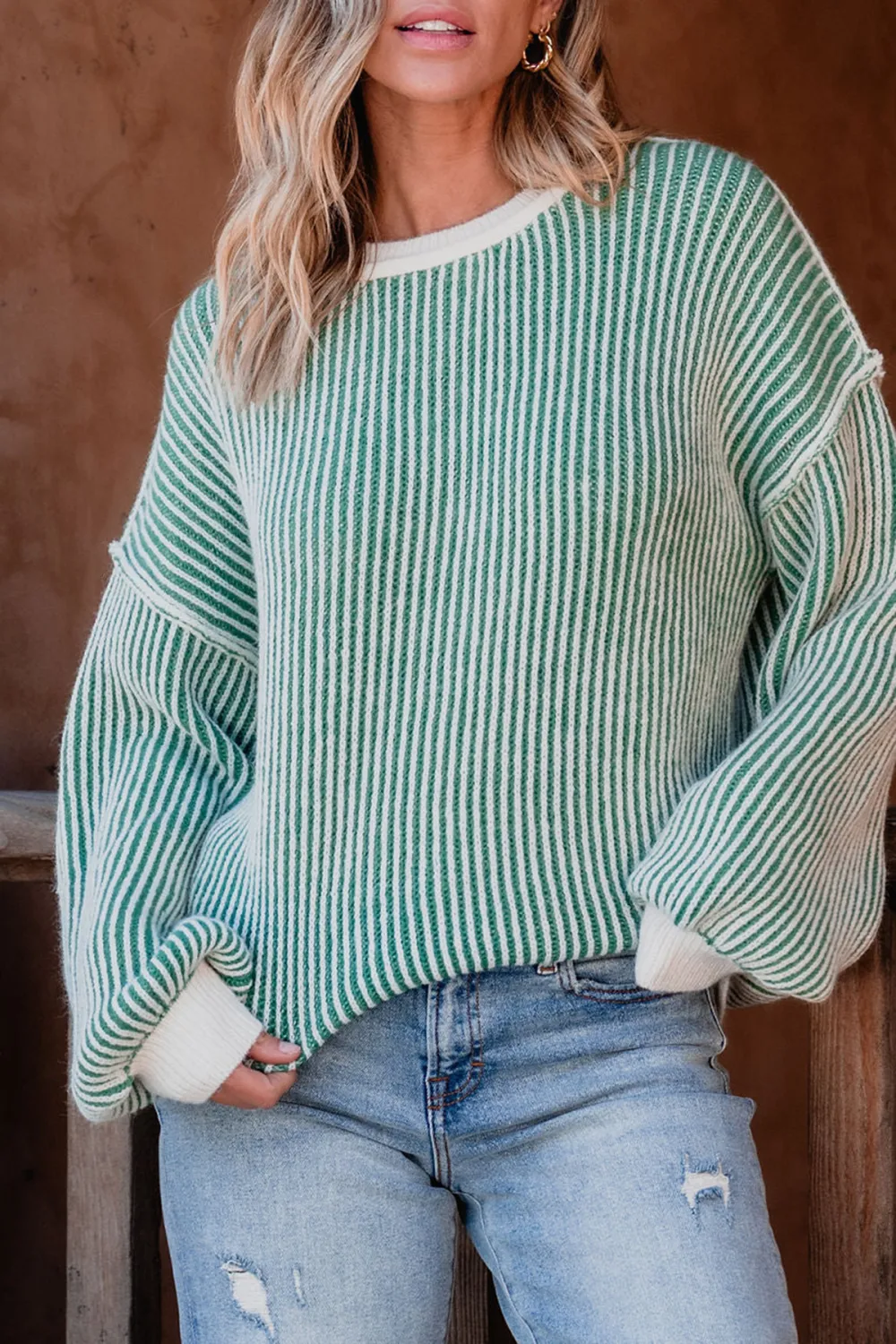 Green Striped Seam Detail Sweater