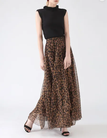 LEOPARD WATERCOLOR MAXI SKIRT IN BROWN