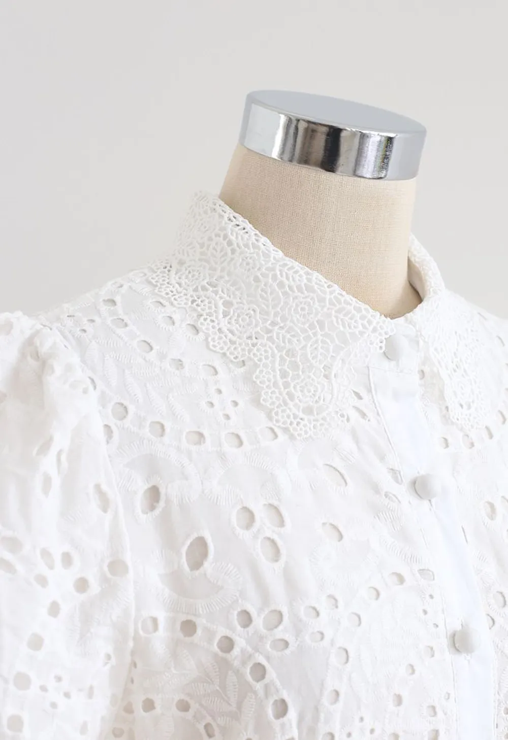 CROCHET COLLAR EMBROIDERED EYELET COTTON DRESS