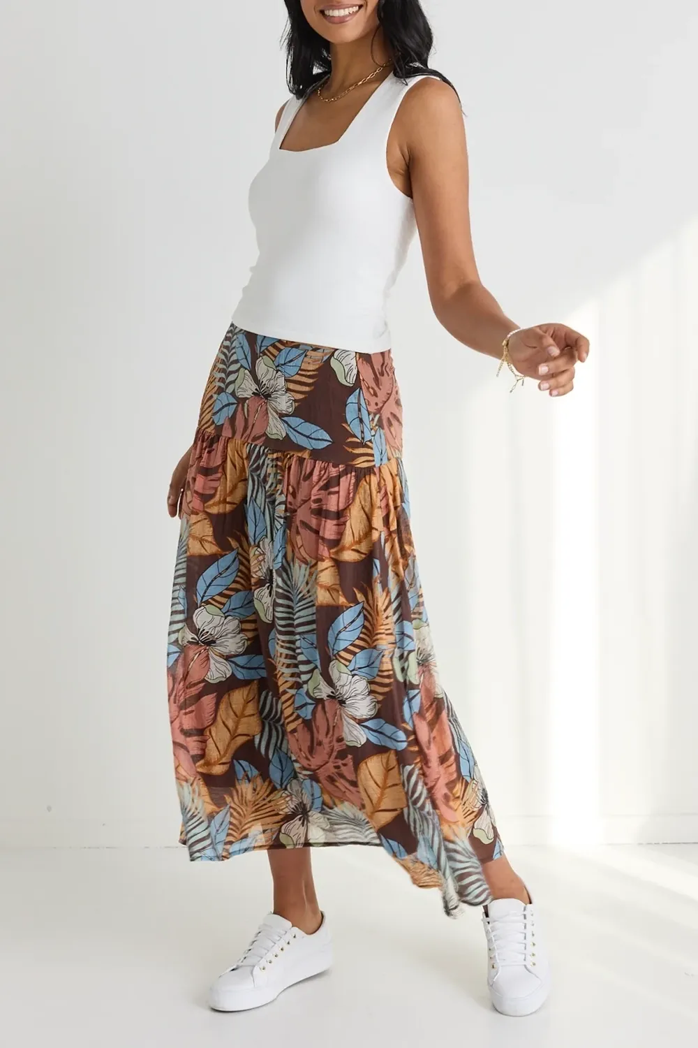 Sway Tropical Chocolate Print Flat Basque Midi Skirt