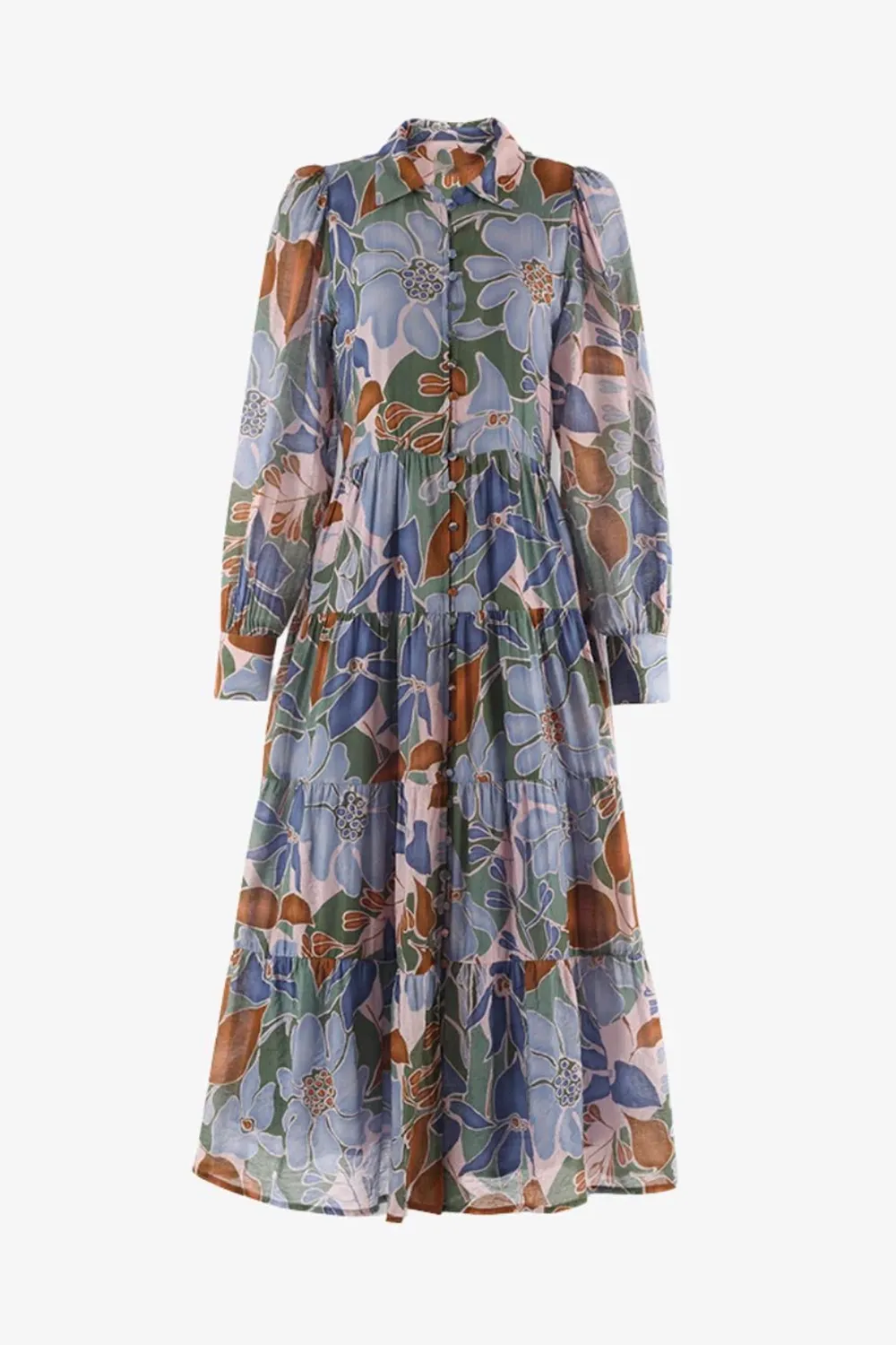 Adair Khaki Floral Long Sleeve Tiered Shirt Style Maxi Dress