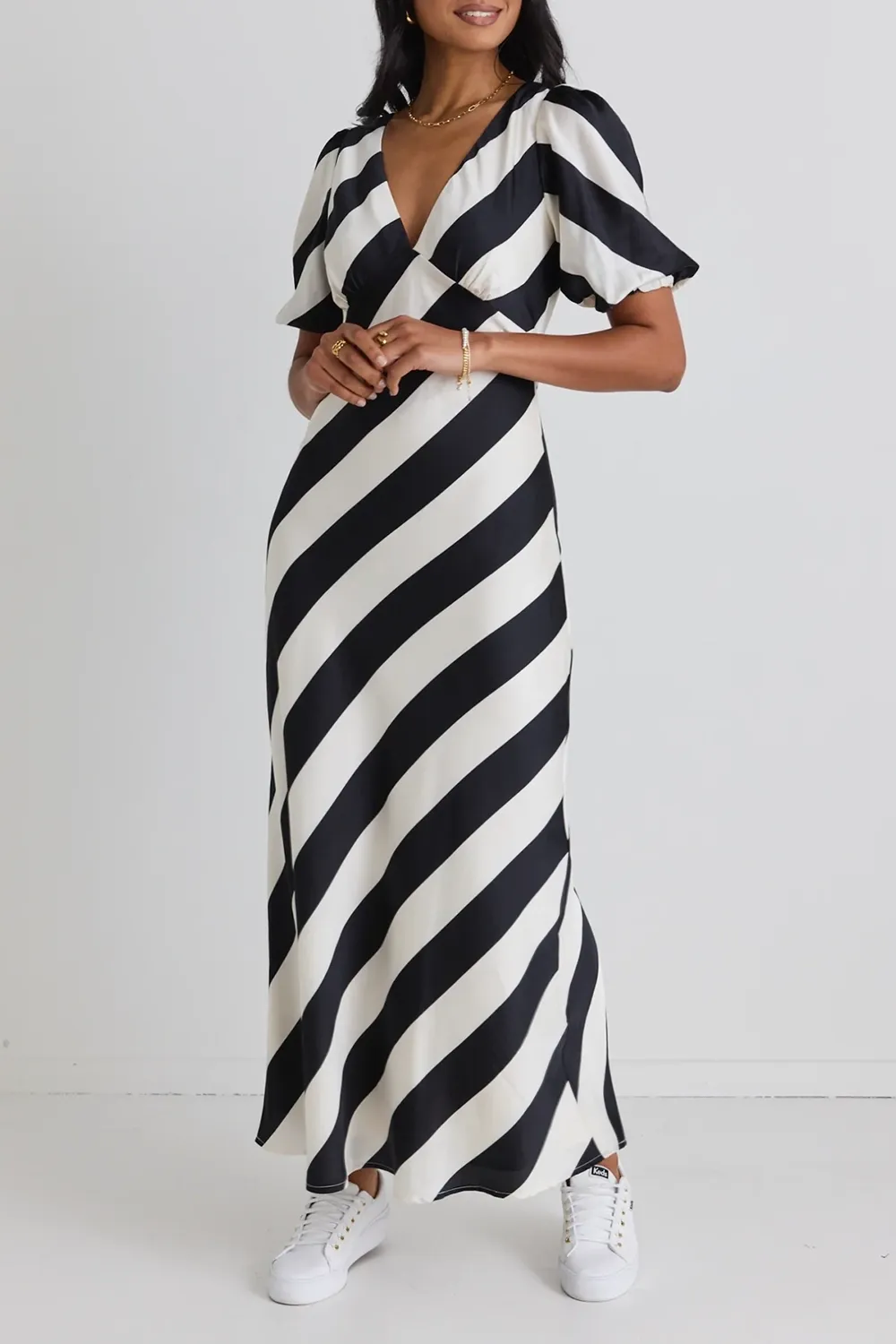 Amora Black White Stripe SS Bias Midi Dress