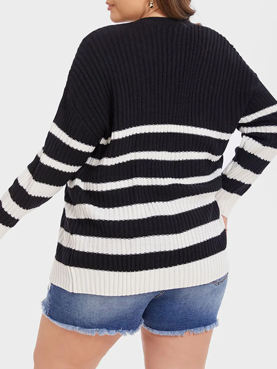 Striped Pattern Drop Shoulder Open Front Cardigan