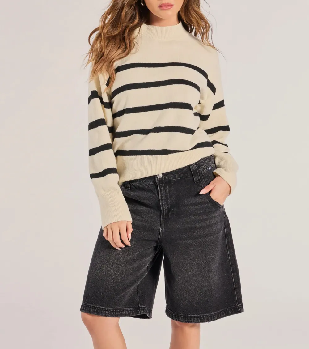 Preppy Casual Striped Knit Mock Neck Sweater