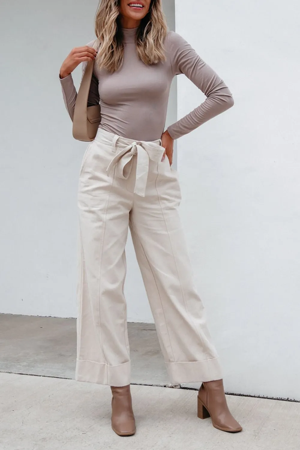 Belted Wide Leg Cuffed Pants - Natural