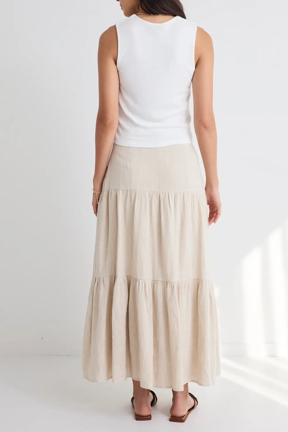 Blazing Sand Tiered Linen Midi Skirt