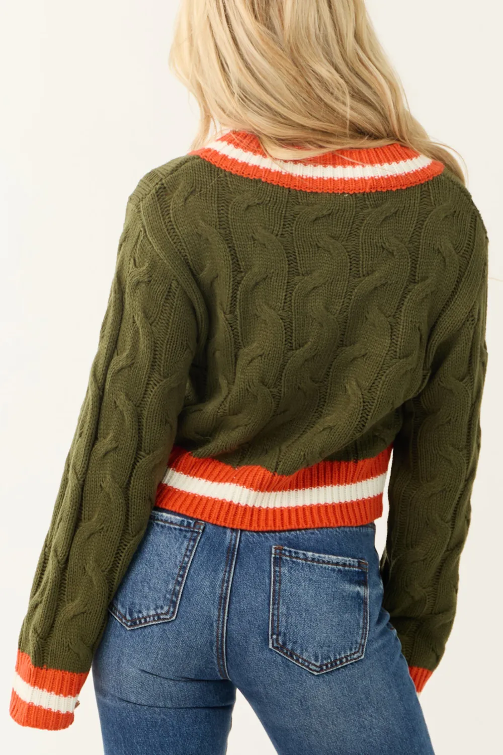 Army Green Knit Contrast Stripe Trim Sweater