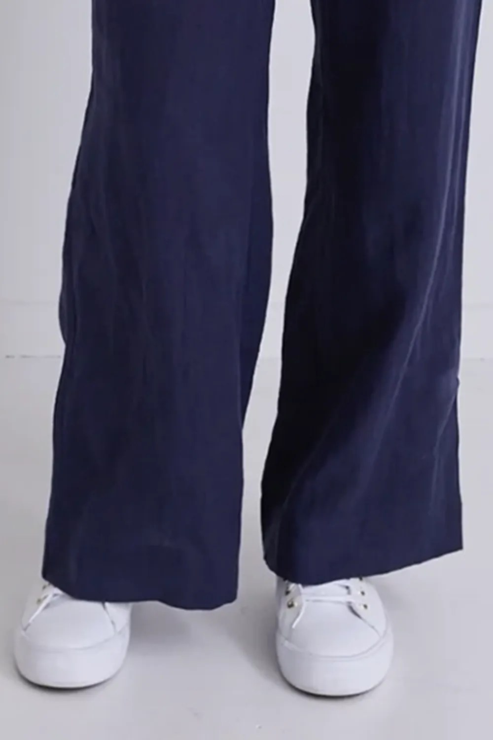 Bestow Navy Linen Elastic Back Wide Leg Pants