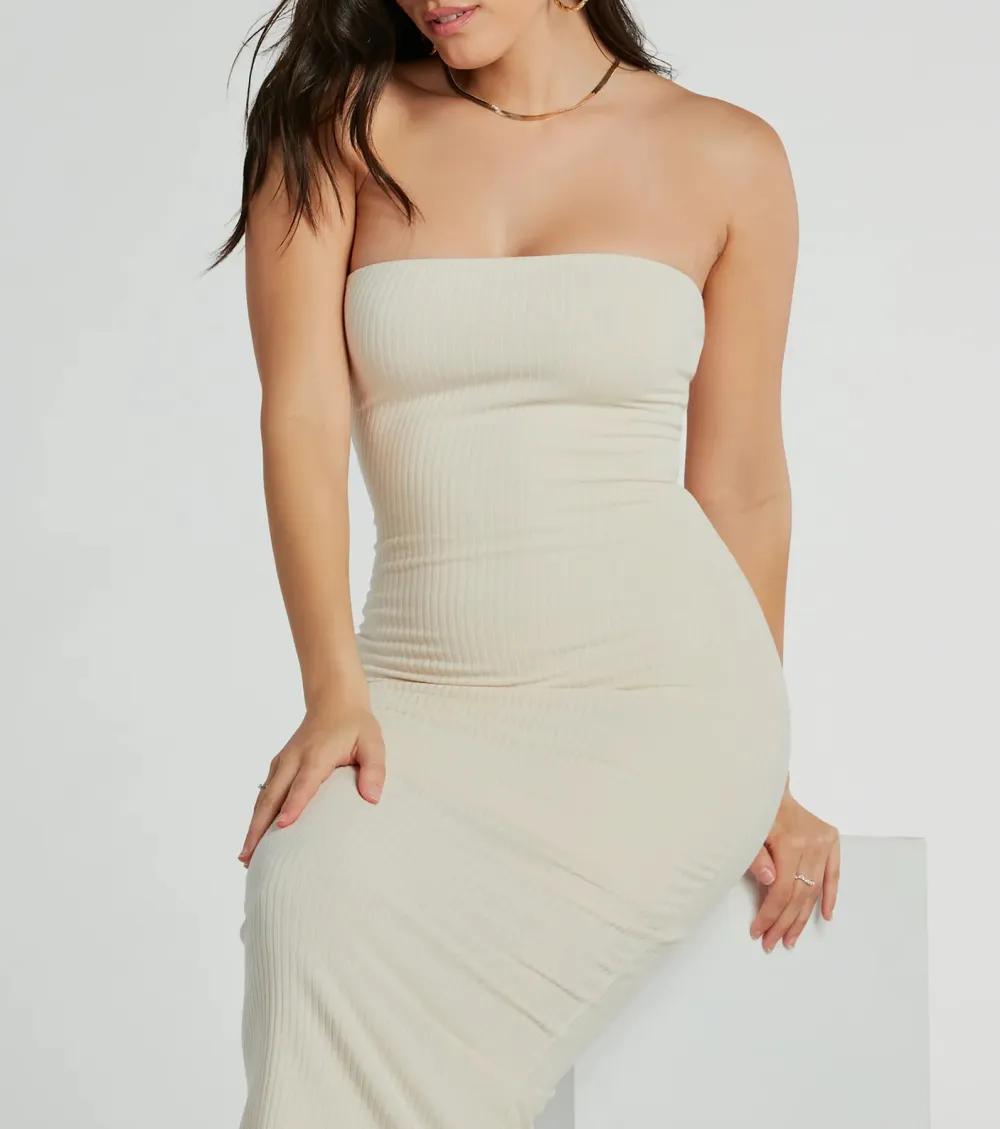 She's The Main Rib Knit Strapless Midi Dress