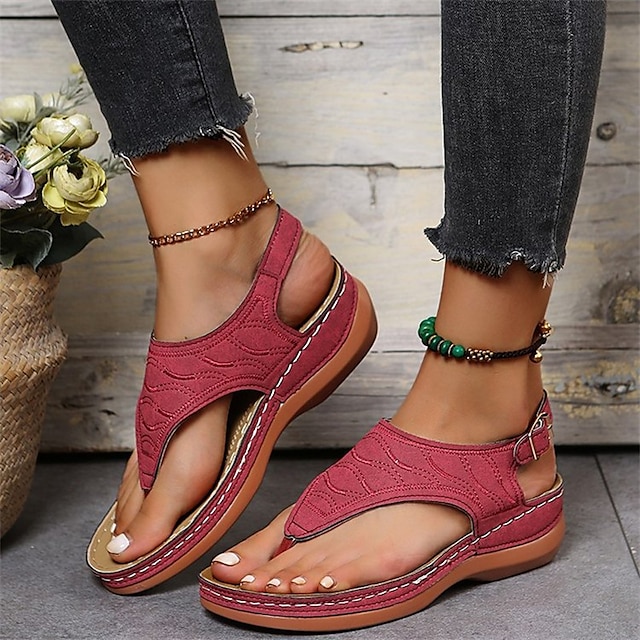 Women's Sandals Wedge Sandals Plus Size Daily Summer Buckle Wedge Heel Open Toe Casual PU Leather Ankle Strap Solid Colored Black Red Blue
