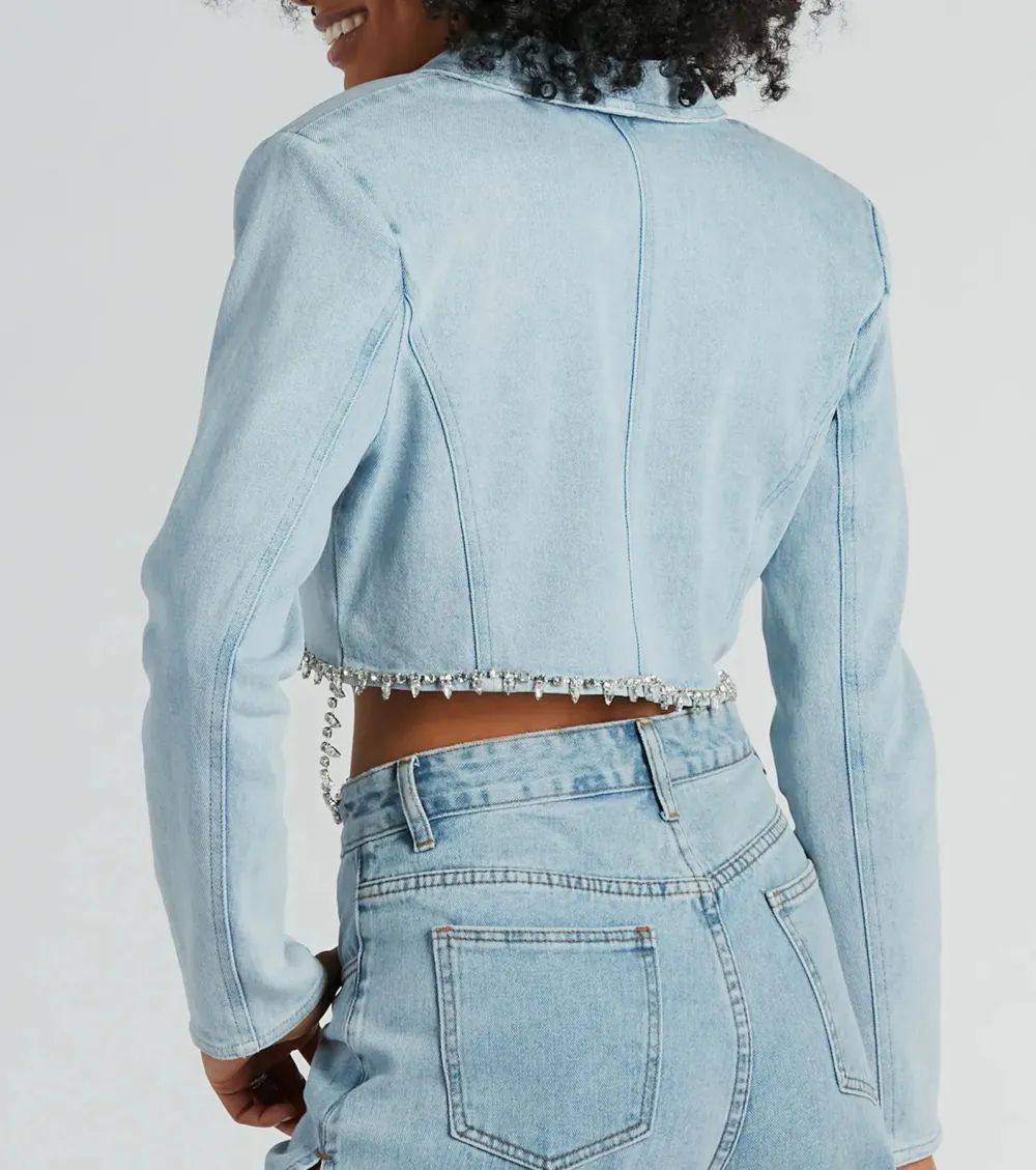 Oh So Icy Rhinestone Trim Crop Denim Blazer