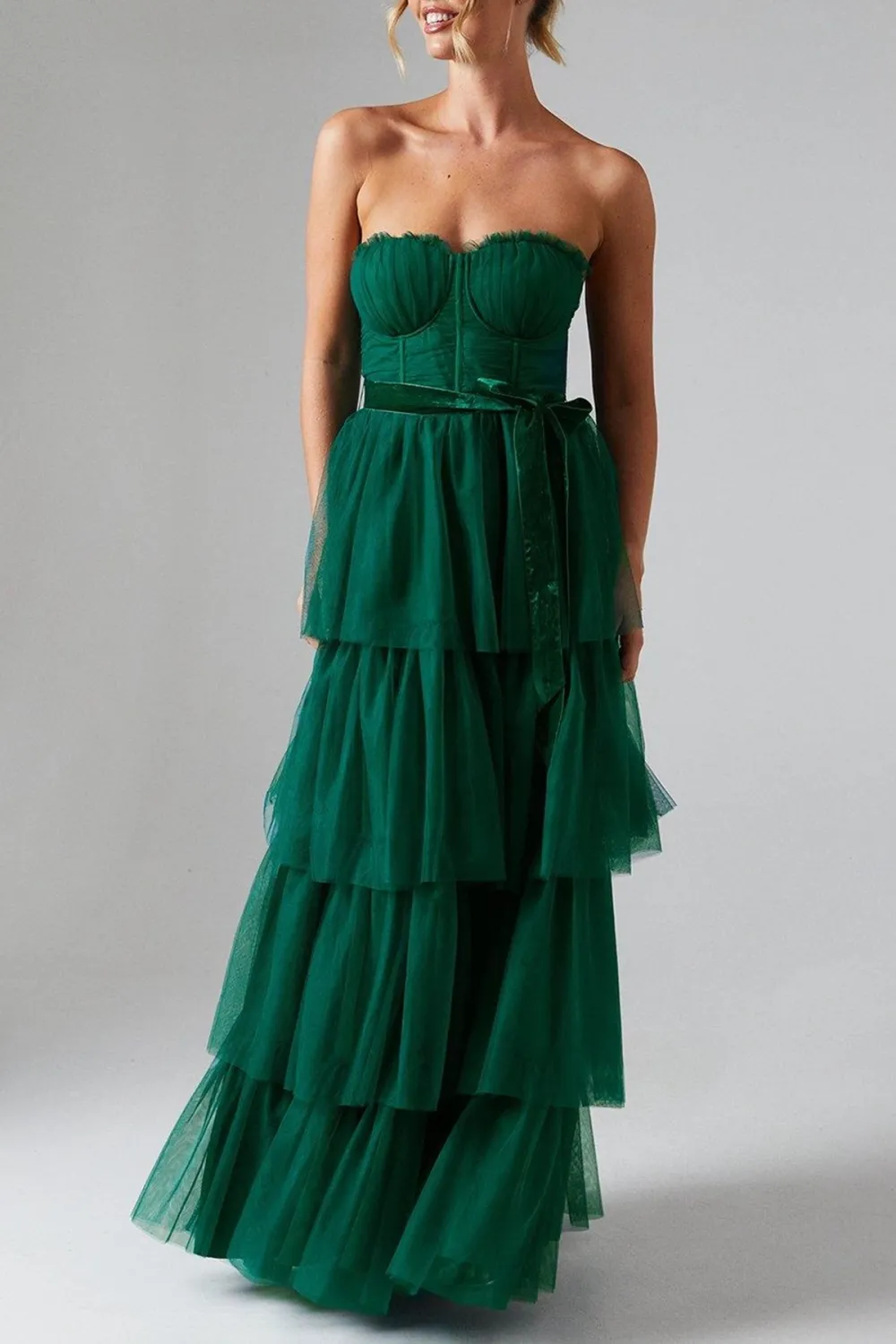 Corset Bodice Tiered Tulle Skirt Gown