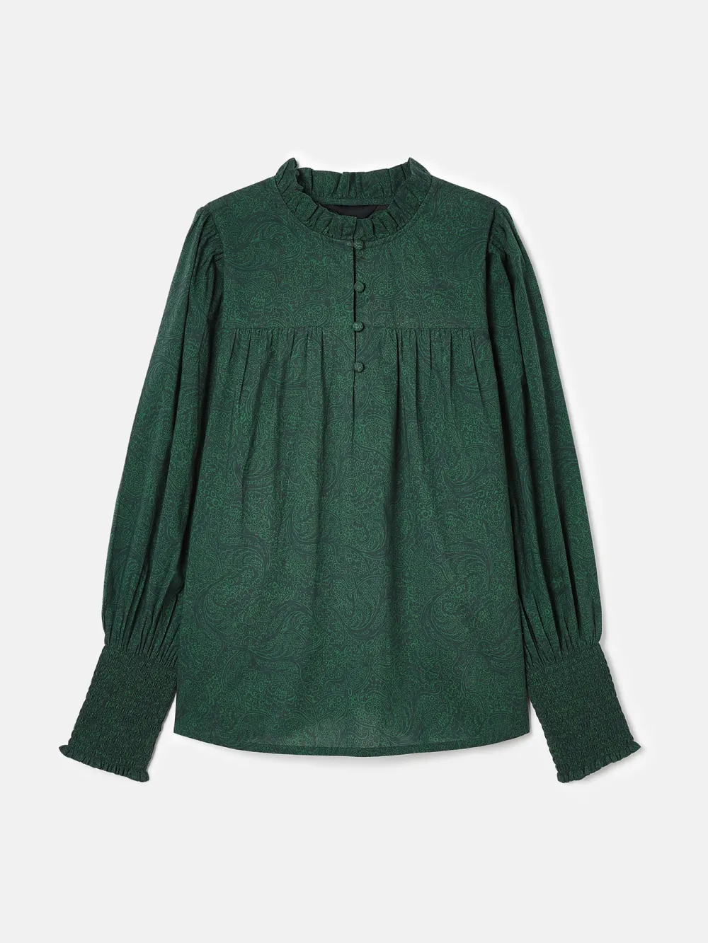 Green Paisley Cotton Frill Neck Blouse