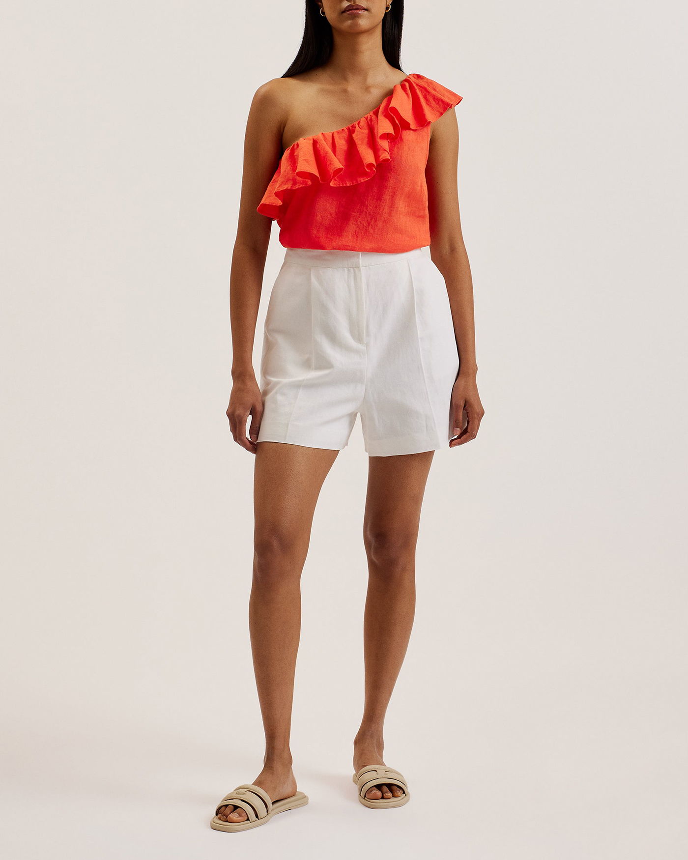 Symi Linen Ruffle One Shoulder Top Red