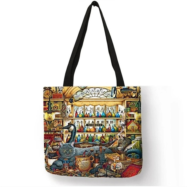 Men's Women's Tote Canvas Tote Bag Linen Office Daily Large Capacity Waterproof Breathable Patchwork Earth Yellow Camel Green