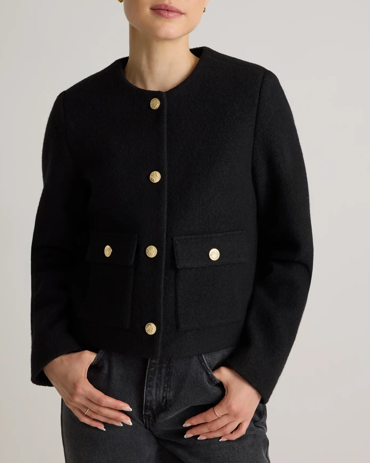 Collarless Cropped 100% Merino Wool Jacket