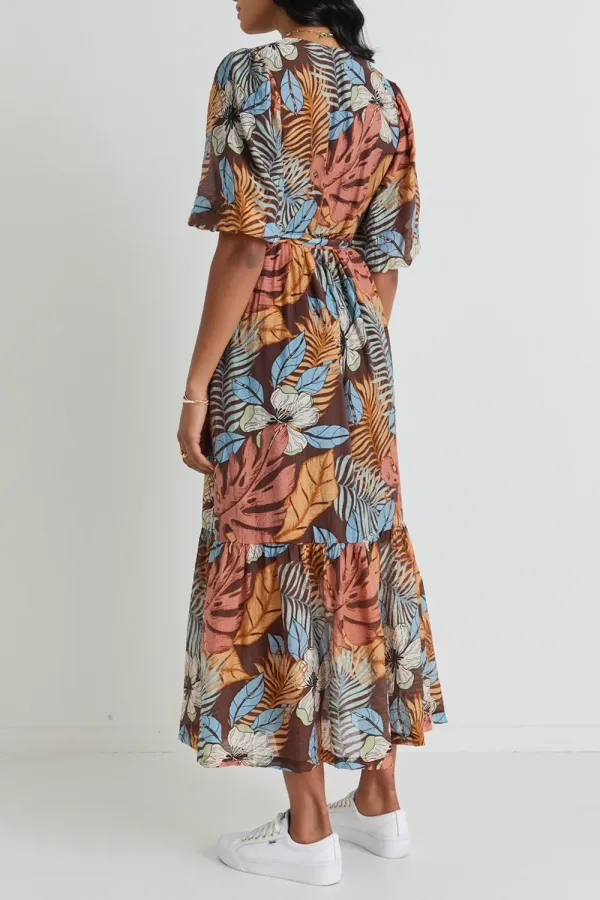 Ocean Tropical Chocolate Print SS Wrap Midi Dress