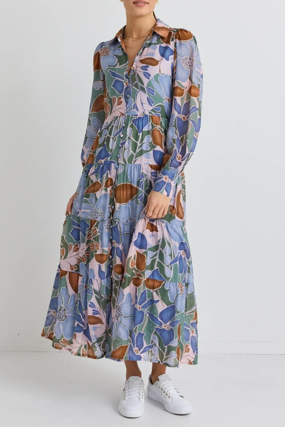 Adair Khaki Floral Long Sleeve Tiered Shirt Style Maxi Dress