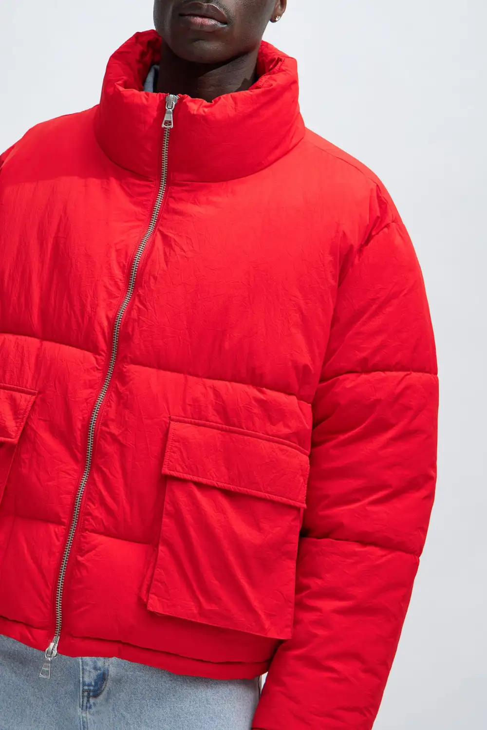 Palermo Crinkled Nylon Cropped Puffer - Red