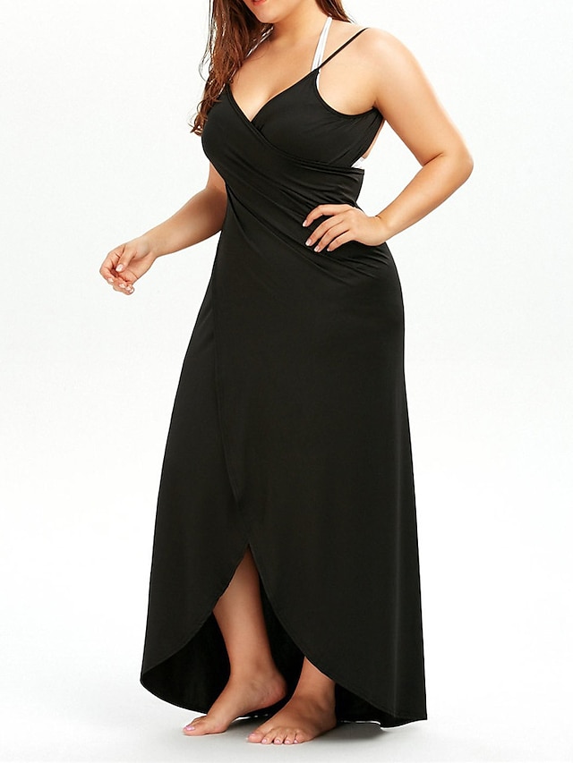 Women‘s Curve Swimwear Cover Up Beach Dress Plus Size Swimsuit Open Back for Big Busts Pure Color Black White Khaki Dark Gray Strap Bathing Suits Sexy Vacation Fashion