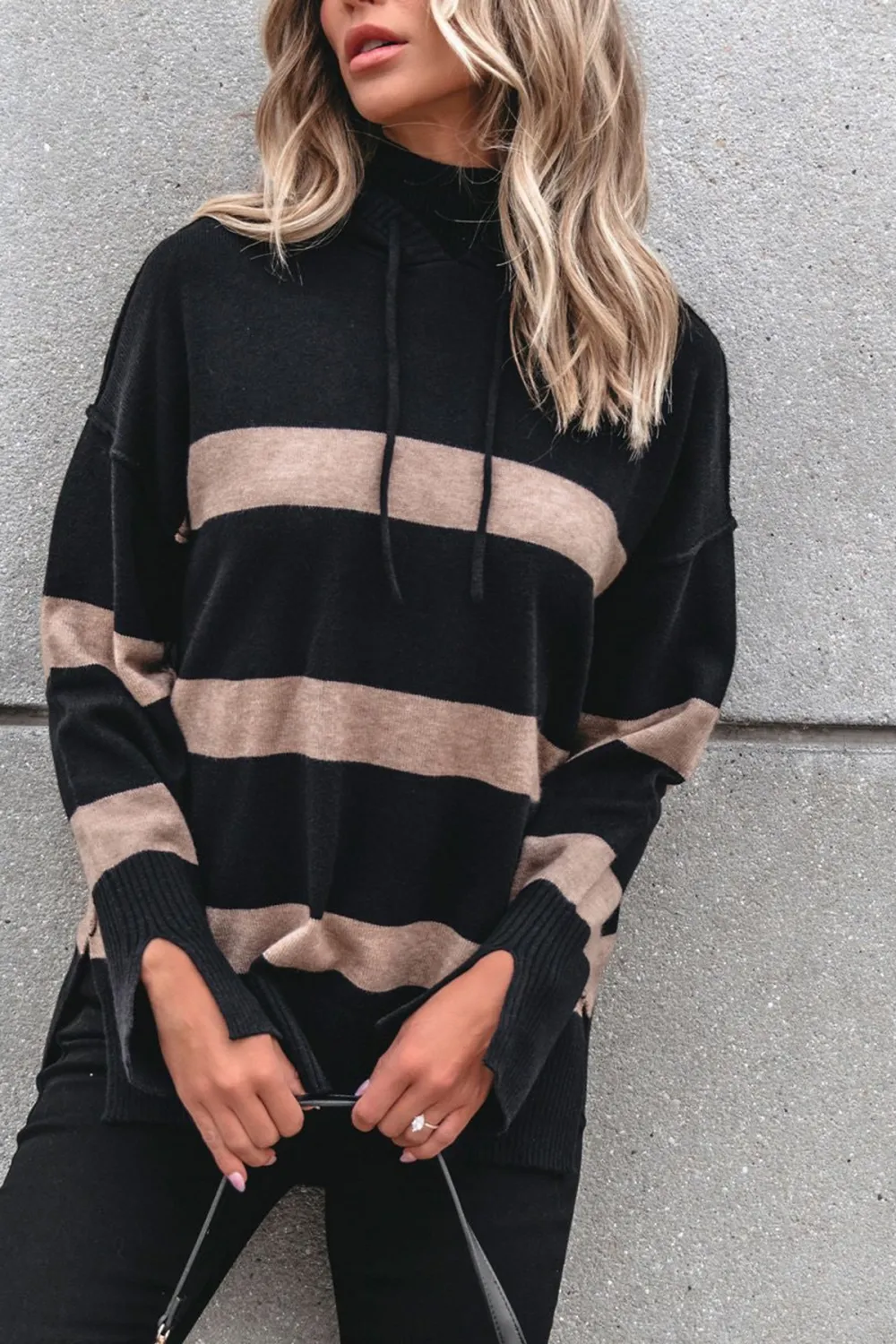 Black and Taupe Striped Hooded Sweater