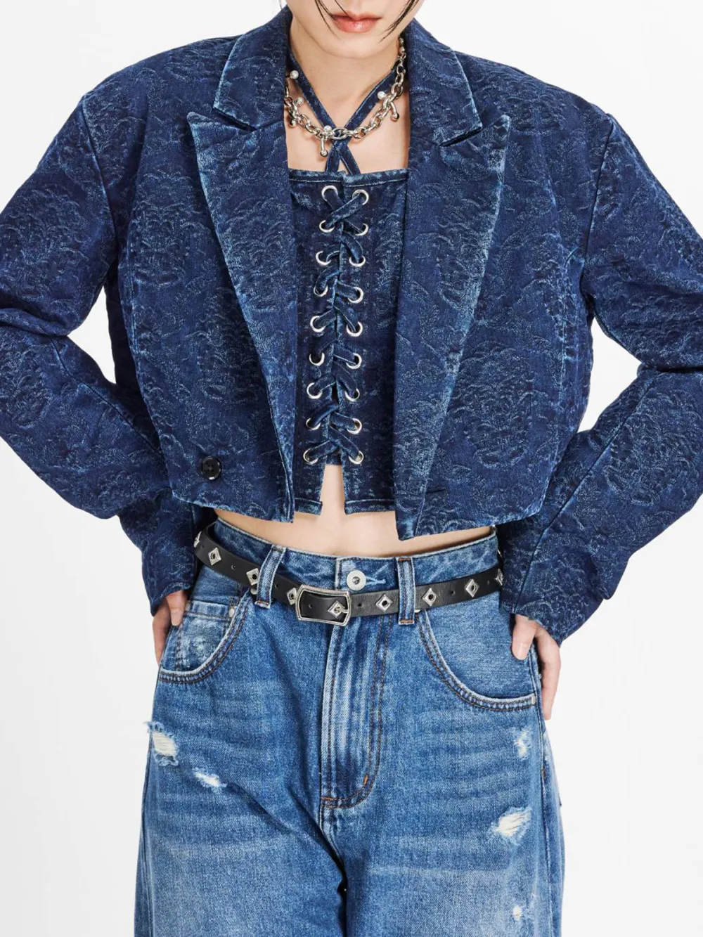 Cropped Jacquard Denim Blazer