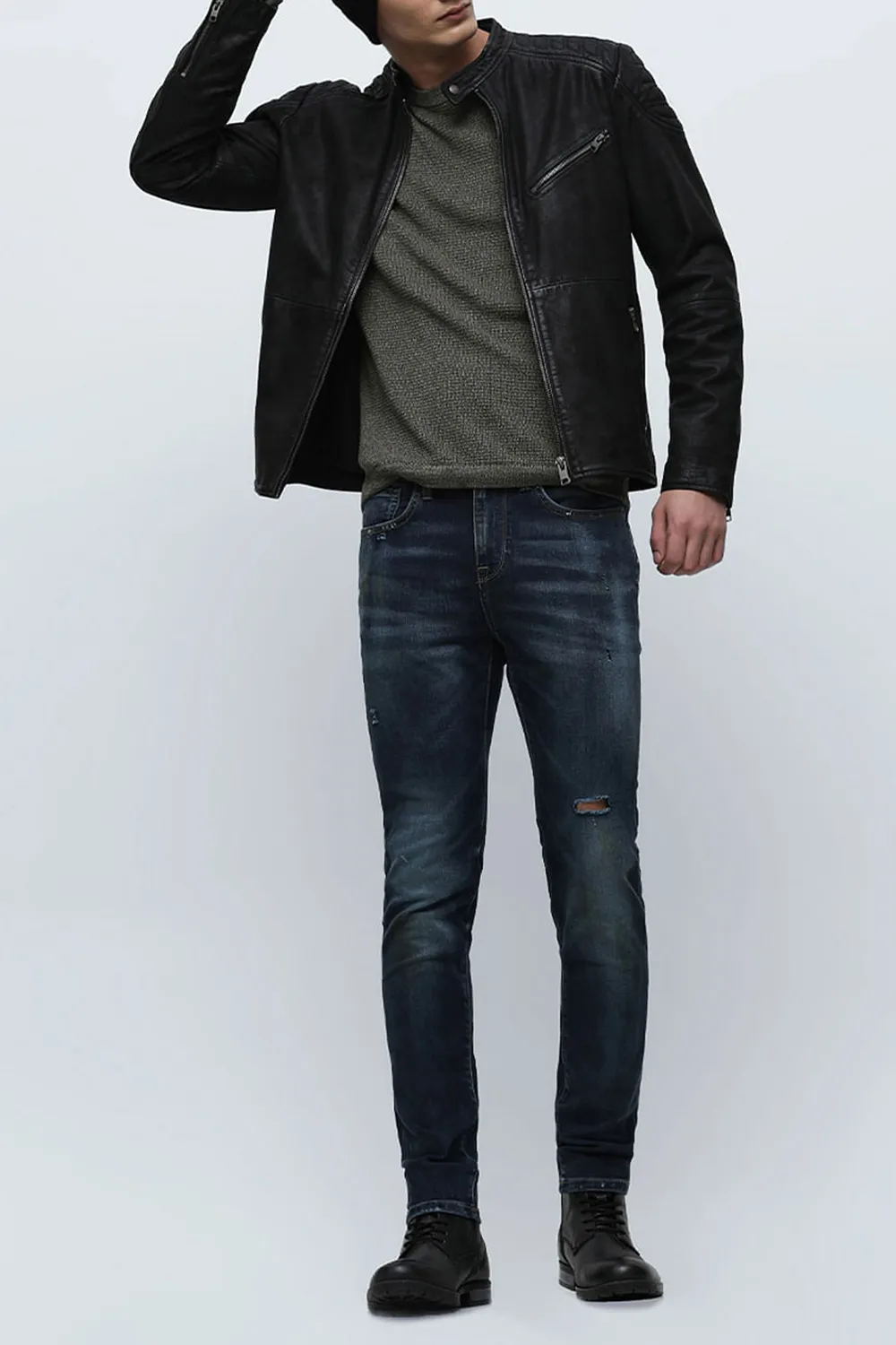 Blue Mid Rise Distressed Slim Fit Jeans