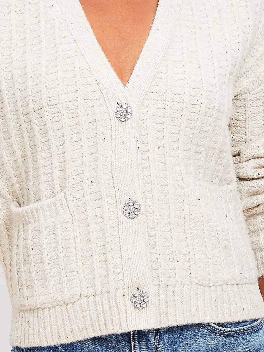 Sparkle Button Sequin V-Neck Pocket Cardigan