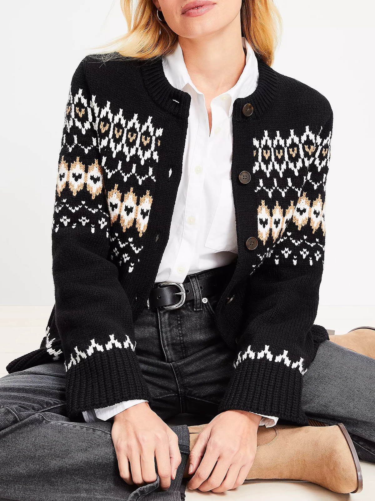 Fair Isle Waisted Patch Pocket Cardigan