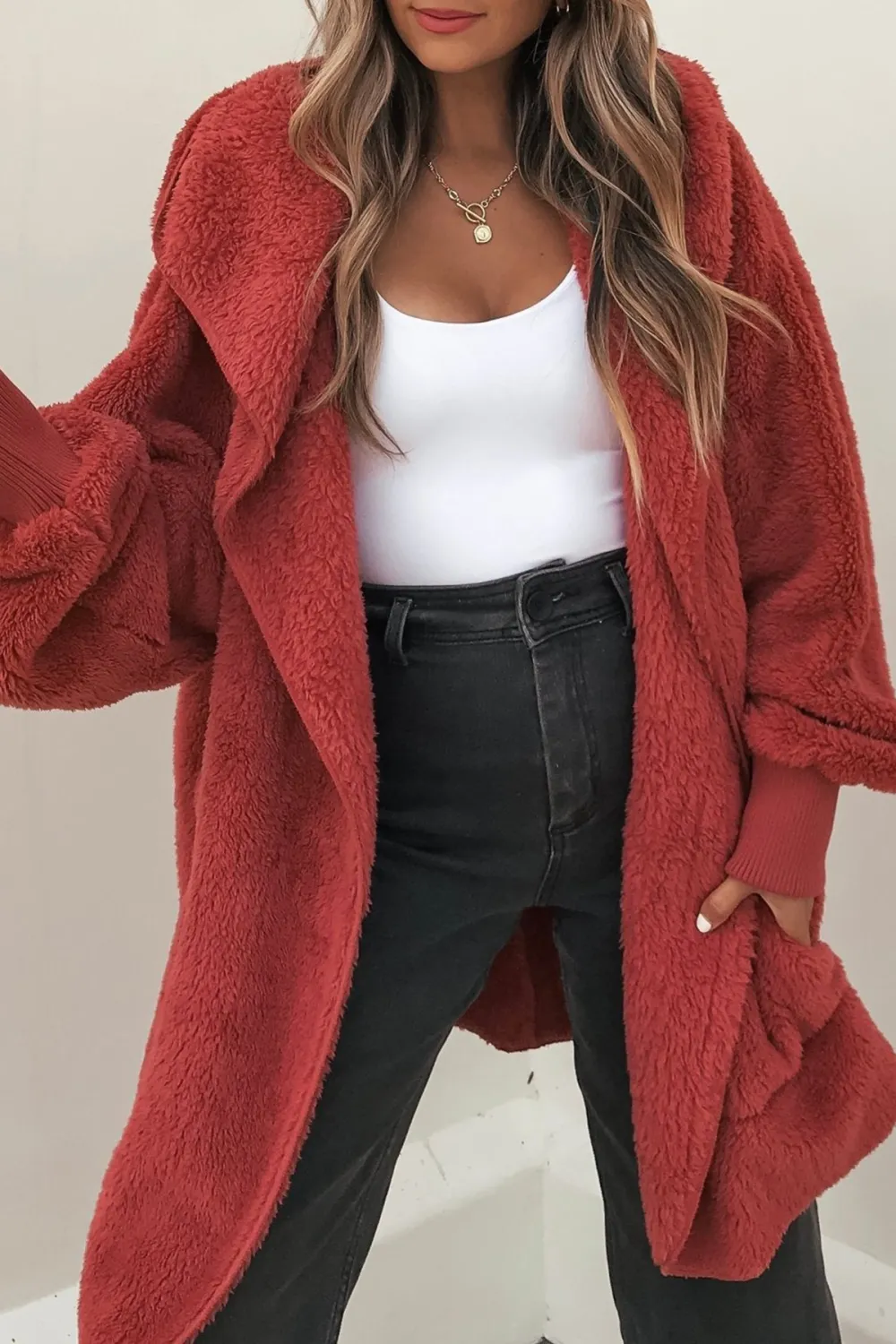 Teddy Fleece Hooded Cardigan - Red