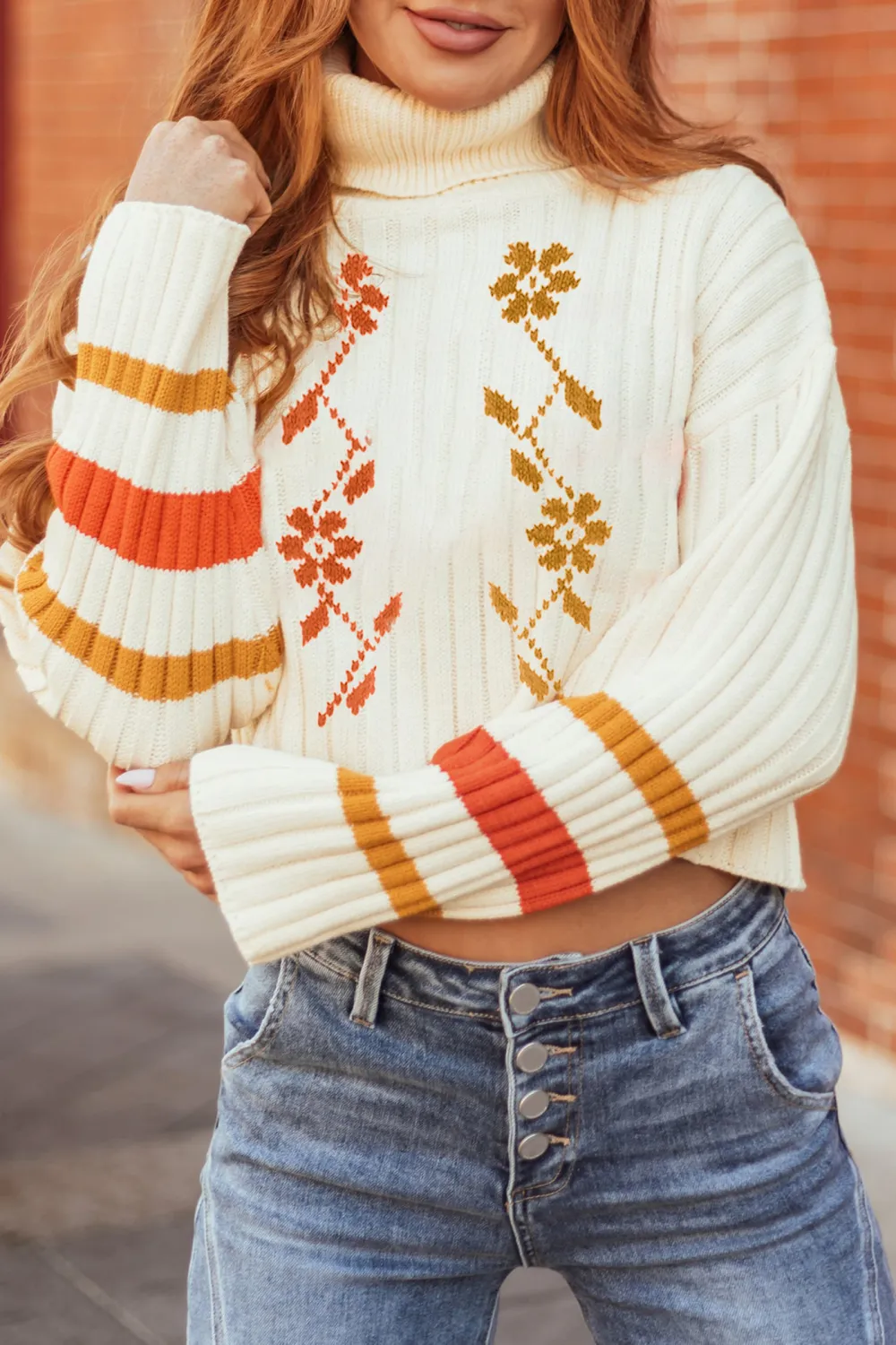 Cream Striped Turtleneck Cropped Sweater