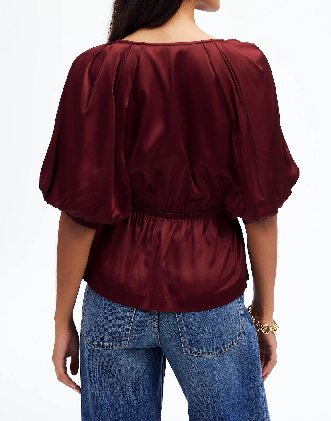 Shirred Puff-Sleeve Top in Satin