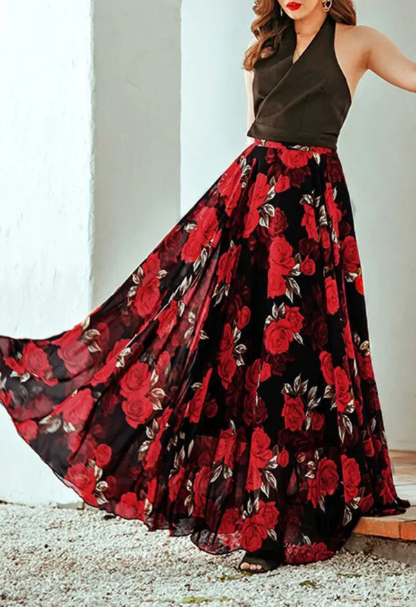 TIMELESS FAVORITE CHIFFON MAXI SKIRT IN RED ROSE