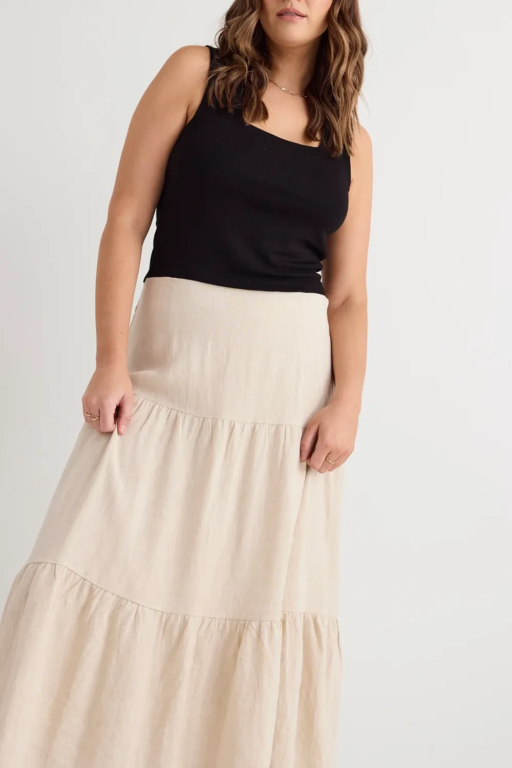 Blazing Sand Tiered Linen Midi Skirt