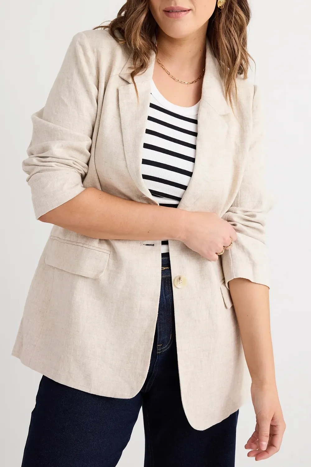 Aster Natural Linen Single Breasted Longline Blazer