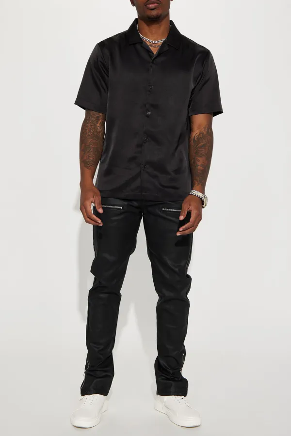 Links Satin Short Sleeve Button Up Shirt - Black